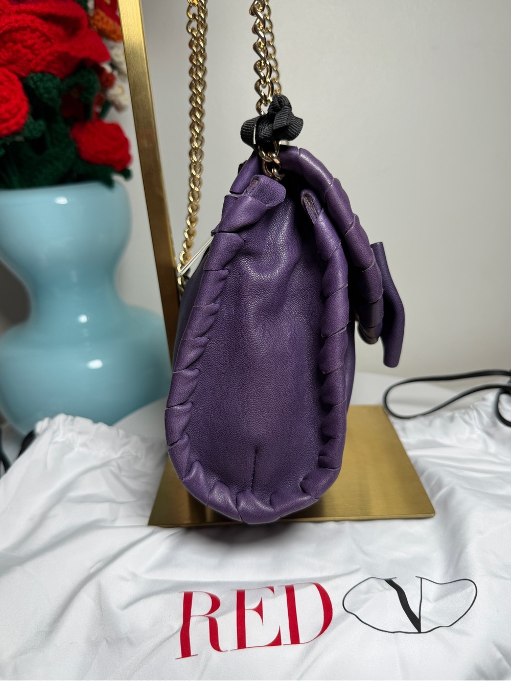 RED Valentino Purple Leather Bow Shoulder Bag with Gold Chain - Picture 3 of 9